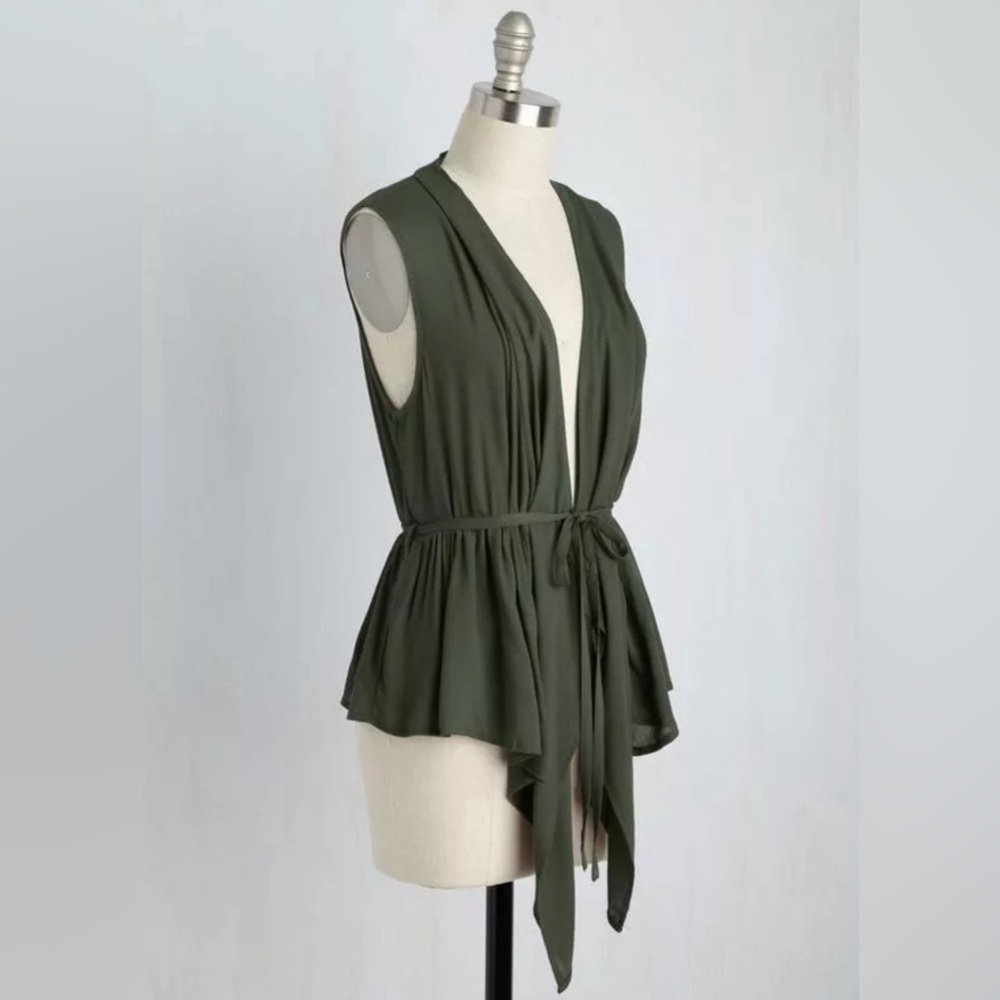 Modcloth Vest Olive Green Draped Front Peplum Back with Waist Tie Medium NEW
